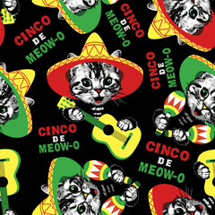Cat kitten portrait in sombrero and with guitar and maracas seamless pattern on black background. Slogan cinco de meow-o. Vector illustration.