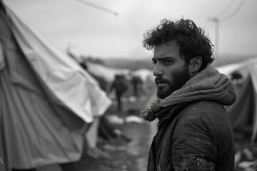 A man stands prominently in front of a group of tents, which likely belong to a refugee camp