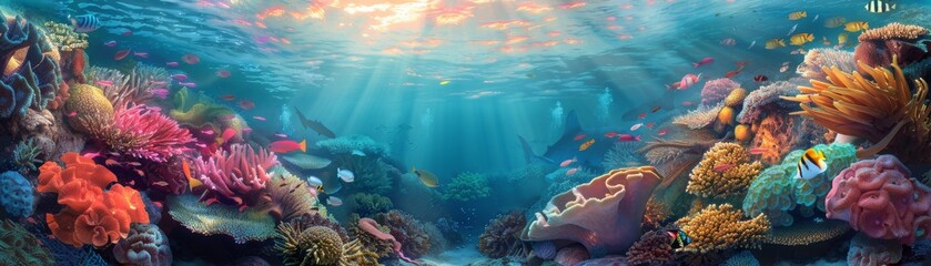 Naklejka premium Underwater coral reef with many kinds of fish