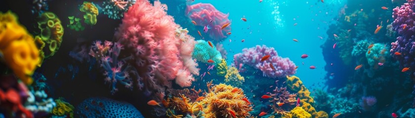 Underwater coral reef with many tropical fish - obrazy, fototapety, plakaty