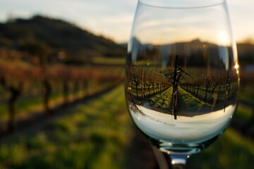 Obraz premium Stunning sunset captured through the curve of a wine glass, highlighting the lush vineyard in the background with a serene, golden light.