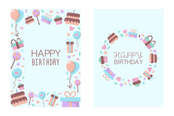 Set of two happy birthday cards with cake, balloons, muffin, lollipop, star and heart. In hand-drawn style on a light blue background. Vector isolated illustrations.