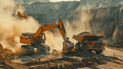 An excavator loads a mining dump truck with soil in an expansive quarry, casting a dusty haze under a golden hour light.