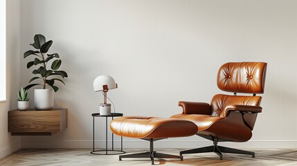 A brown leather chair and ottoman in a room with a plant and a lamp - obrazy, fototapety, plakaty