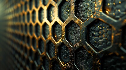A close up of a rusty metal grate with a honeycomb pattern.