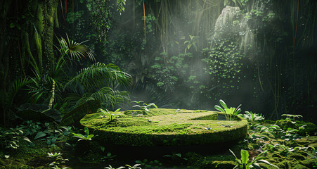 Mossy podium in tropical forest for product presentation and dark room background