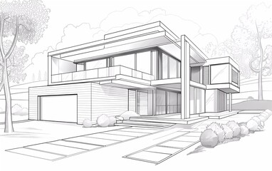 Vector Linear architectural sketch of modern detached house.