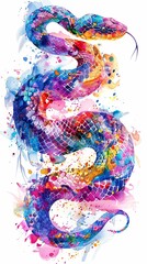 Vertical illustration of snake closeup in vivid multirolor watercolor style isolated