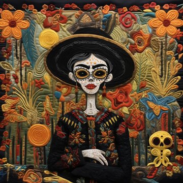Intricate Embroidered Art Depicting a La Catrina Figure for Día de los Muertos