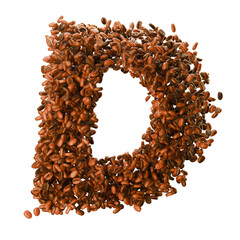 Capital letter D, made from coffee beans. Coffee font. Alphabet made from coffee beans. Transparent background.
