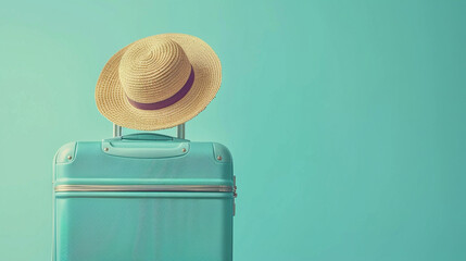 Aqua green travel suitcase and straw hat on a aqua green background.