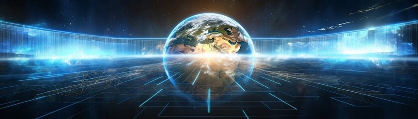 A digital composite image of the Earth surrounded by a glowing blue grid. - Powered by Adobe
