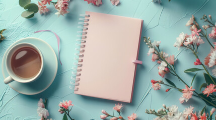 An overhead view of a spiral notebook, cup of tea, and spring flowers on a blue textured surface. - Powered by Adobe