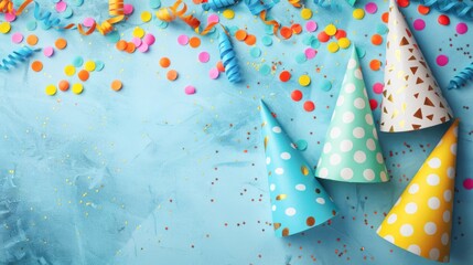 Birthday celebration party carnival background greeting card -  Party hats and confetti on bright blue table, top view