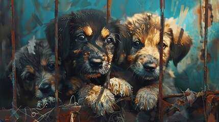 abandoned puppies with sad eyes waiting for adoption animal shelter concept digital painting