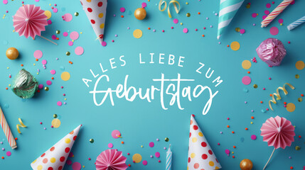 Alles Liebe zum Geburtstag Grußkarte Glückwunsch karte mit deutschem Text - Rahmen aus Partyhüten und Konfetti auf hellblauem Tisch, Draufsicht