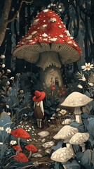 A little child in a fantastical colourful forest full of mythological animals and plants