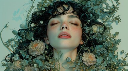 a work of art that combines surreal artistry with natural beauty to depict a calm female face rising from elaborate floral patterns.
