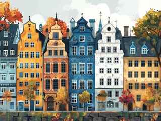 Detailed artwork of Scandinavian architecture elegance of vibrant facades reflecting the soul of summer.