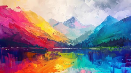 abstract oil painting of majestic mountain landscape in vibrant rainbow colors modern art illustration - obrazy, fototapety, plakaty