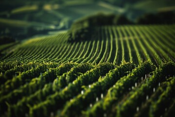 A breathtaking view of a vineyard with rows of vines illuminated by the warm golden sunlight during...