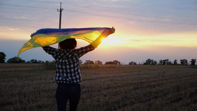 Ukrainian lady jogging with national blue-yellow banner on barley meadow with beautiful sunset at background. Woman running with raised flag of Ukraine above her head on wheat field at sunset. Slow mo
