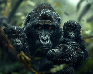An evocative scene in a rainsoaked forest where a family of mountain gorillas huddles together, the silverback standing guard, vigilant and protective