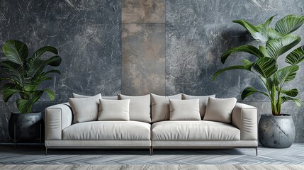 A white sofa sits in front of a dark marble wall. There are two potted plants on either side of the...