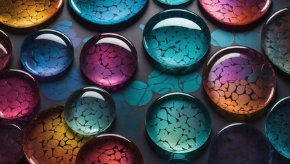 Shimmering Glass Circles with Colorful Reflective Patterns.