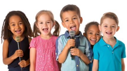Group of children holding microphones and singing karaoke isolated on white background