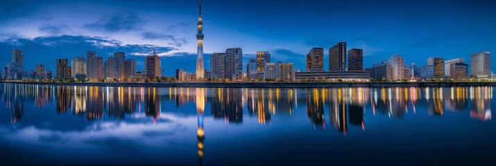 The vibrant Tokyo skyline reflecting in calm waters during twilight, showcasing the city's modern architecture - obrazy, fototapety, plakaty