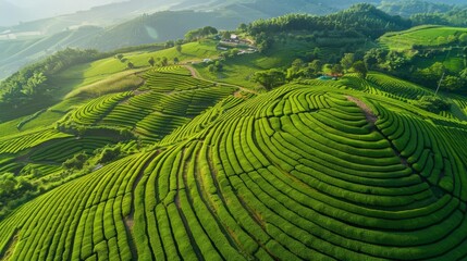 aerial view of green tea plantation fields on mountain slopes organic agriculture landscape drone photography
