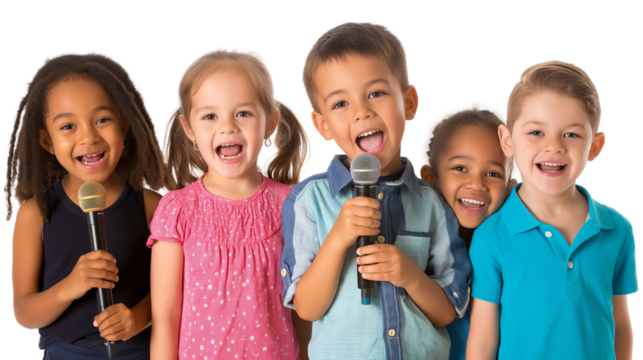 Group of children holding microphones and singing karaoke isolated on white background - Powered by Adobe