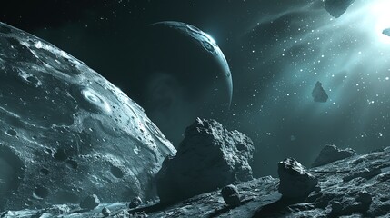 rocky and rough asteroid with a planet in the background. imaginary deep space scene