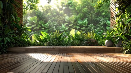 A wooden deck in a lush green jungle with bright sunlight shining through the trees.