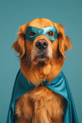 Golden retriever heroically poses in a blue mask and cape, humorously embodying a canine superhero - 793942500