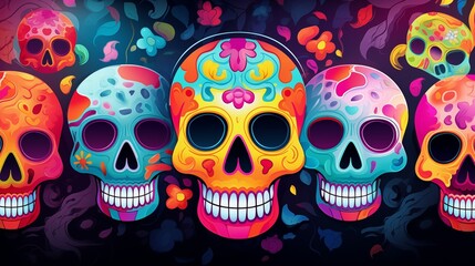 Colorful Illustrated Skulls Commemorating the Day of the Dead Surrounded by Florals - obrazy, fototapety, plakaty