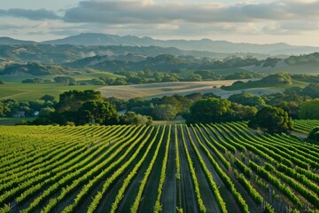 A breathtaking view of a lush vineyard at sunset, featuring neat rows of vines stretching towards...