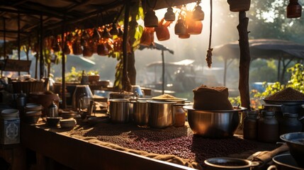 A diverse assortment of pots and pans crowded on a bustling food stand - obrazy, fototapety, plakaty