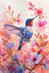 Serene watercolor hummingbird, bright colors, nature scene, hand drawn