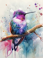 Watercolor hummingbird, handdrawn in vibrant, bright colors, serene nature theme