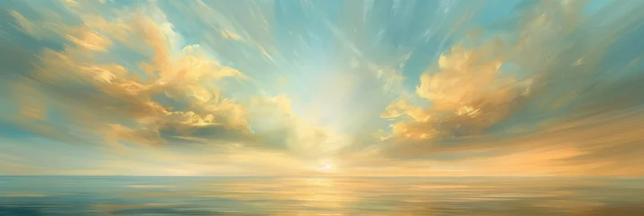 Fotobehang An ethereal ocean sunrise scene with golden clouds parting to welcome the morning light in a tranquil setting © gunzexx