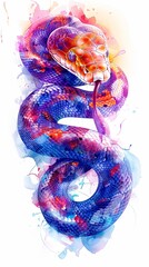 Drawn serpent snake design in watercolor style isolated