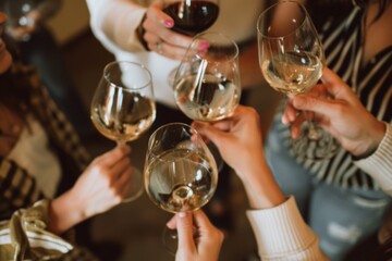 Close-up of a group of friends toasting with white wine glasses in a cozy indoor setting, celebrating enjoyably together amidst casual conversation. - Powered by Adobe