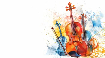 Horizontal AI illustration colorful violins and watercolor splashes. Concept graphic resources.