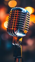 Vertical AI illustration vintage microphone with bokeh lights. Hobbies and entertainments concept.