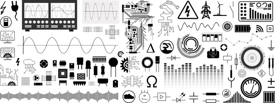 Gro&szlig;es Vektor Set Technologie Elemente der Elektrotechnik und Elektronik - Schaltzeichen und Symbole - Bauelemente - Messwerte und Kurven - Messtechnik