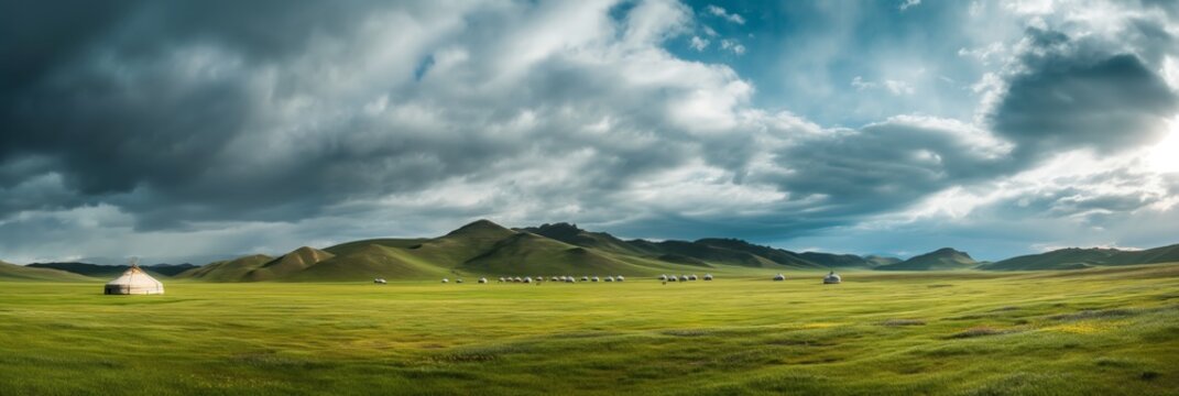 A breathtaking panoramic showcase of traditional yurts against the backdrop of vast, undulating grass-covered hills beneath a dramatic cloudy sky