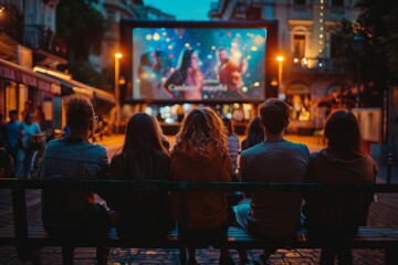 in the evening at a street cinema, girls and guys sit on a bench and look at the glowing screen