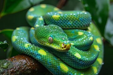 Fototapeta premium Emerald Tree Boa: Coiled on a tree branch with vibrant emerald green scales, contrasting with the environment